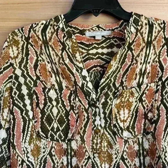 NY Collection Women’s Snakeskin Design Pink Brown Long Sleeve Sheer Button Up S - Picture 8 of 13